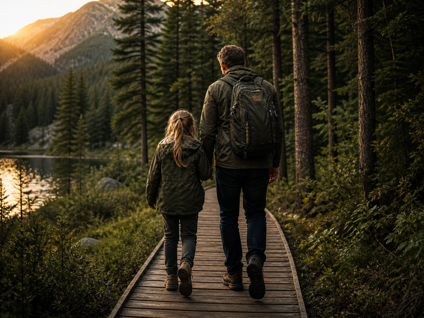 Bill Ilkov dad life image of a father and daughter walking together in a forest from behind