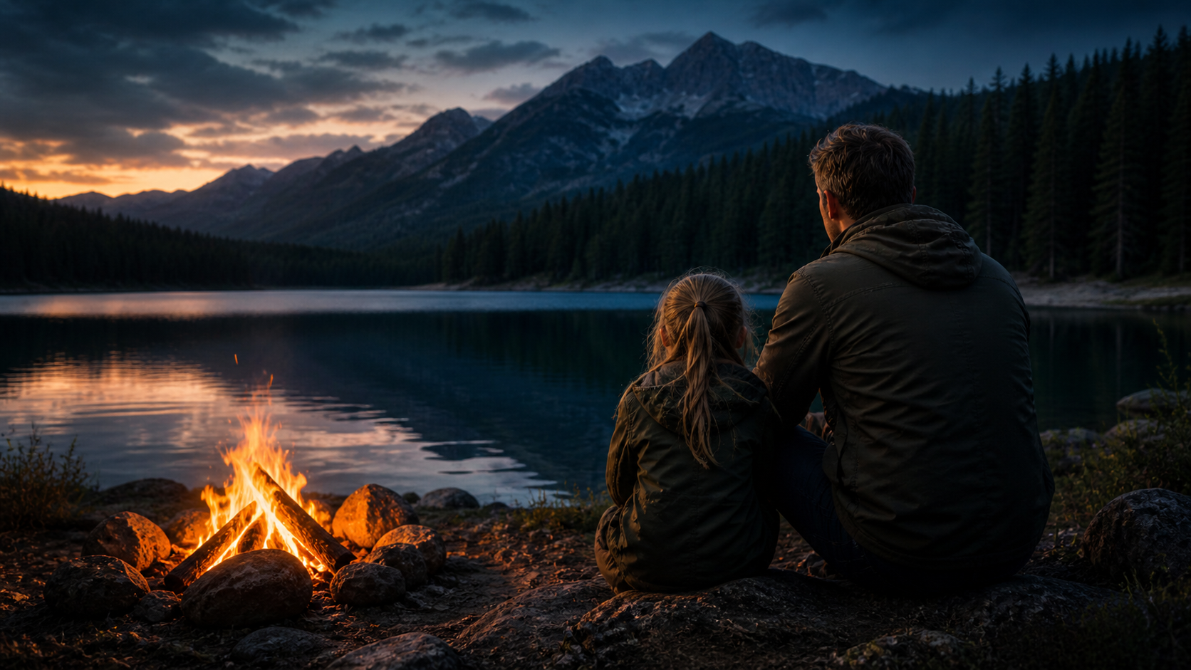 Bill Ilkov with his daughter beside a mountain lake at twilight, viewed from behind