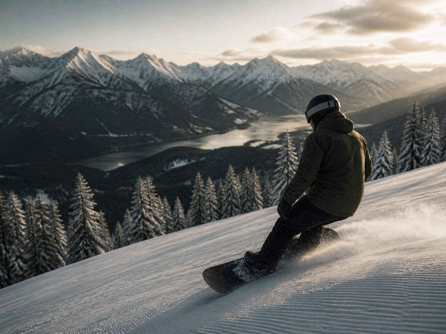 Bill Ilkov snowboarding inspired image of a rider carving through alpine snow