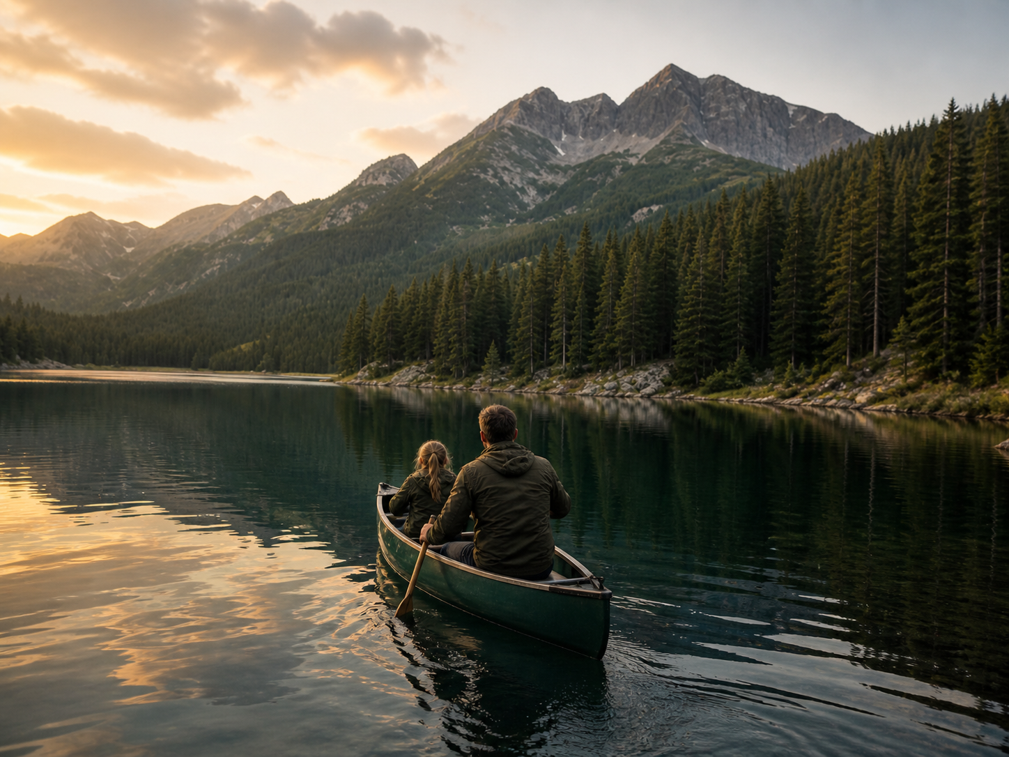 Bill Ilkov adventure with purpose canoe scene on a mountain lake at sunset