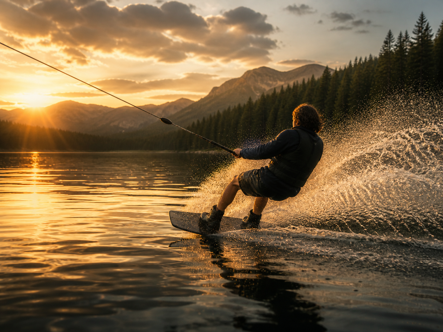 Bill Ilkov wakeboarding inspired image of a rider on calm lake water at sunset